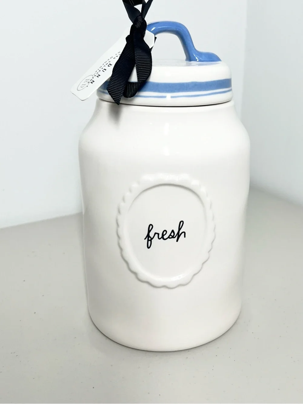 NWT Rae Dunn Blue Accent Cream Ceramic ‘Fresh’ Kitchen Canister